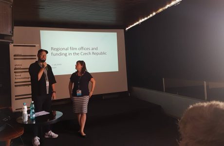 Hugo Rosák/KVIFF and Ludmila Claussová/CZech Film Commission introducing the presentation of 11 regional film offices